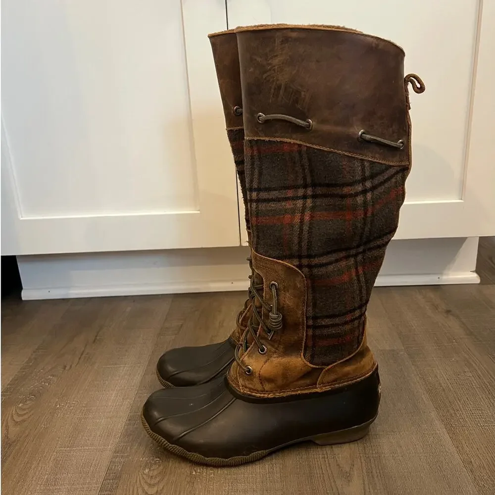Sperry Saltwater Sela Plaid & Leather Tall Duck Boot Style